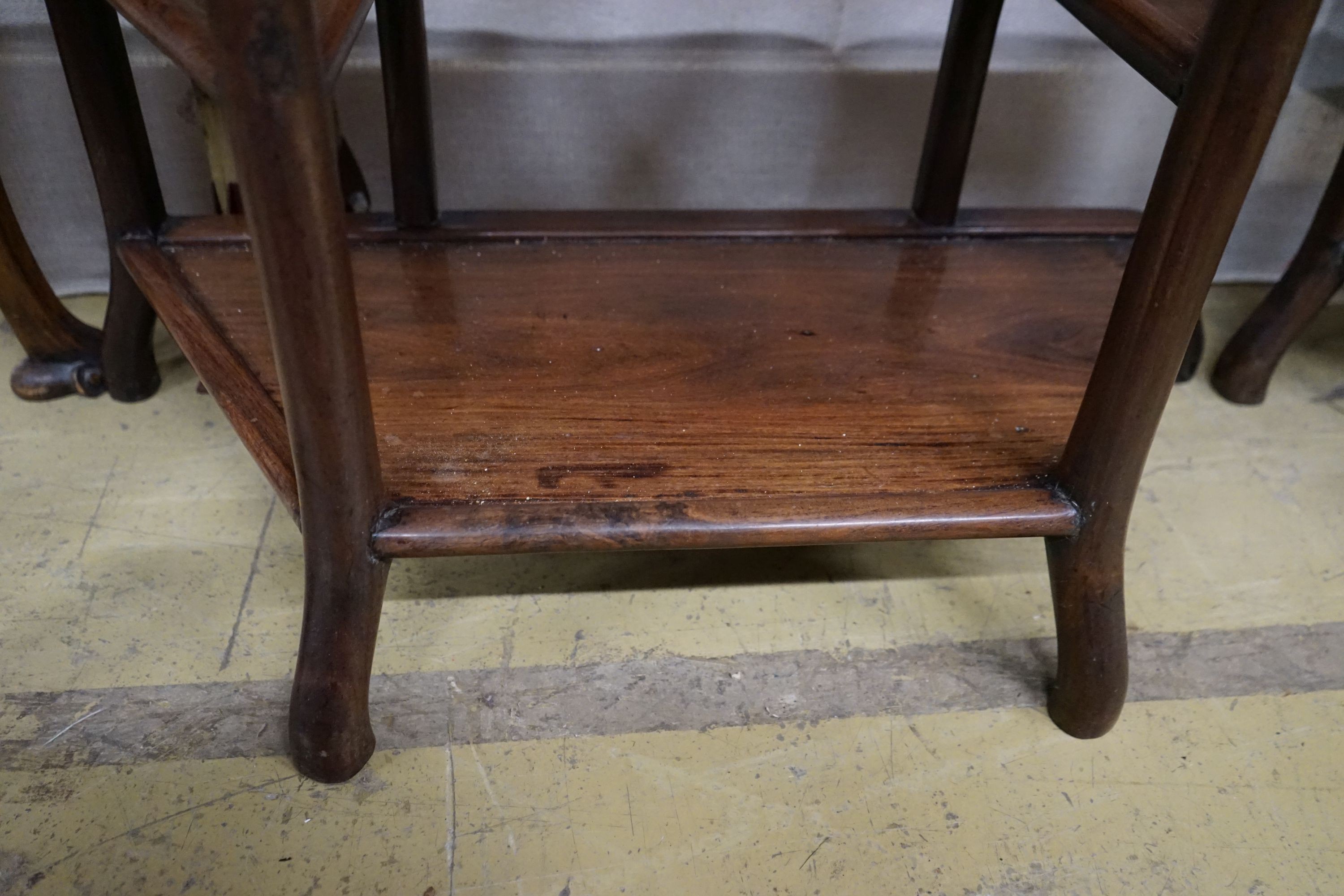 A pair of Chinese marble-topped demi lune console tables, width 82cm, depth 40cm, height 80cm